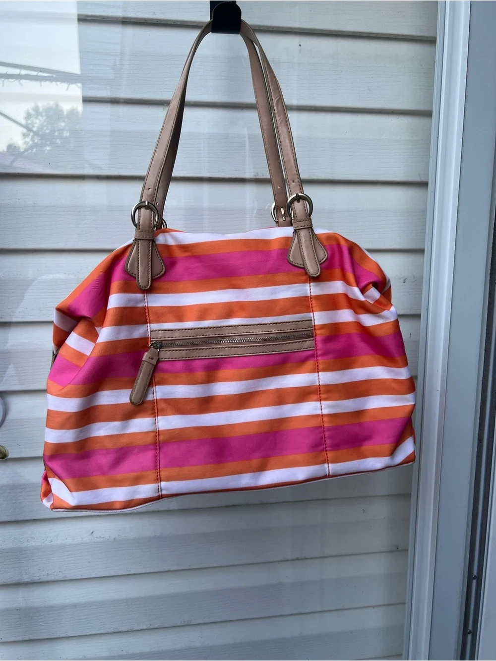 Banana Republic Pink, Orange & White Striped Tote with Neutral Handles